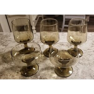 Vintage Libbey Tawny Accent Smoky Brown 3 Wine & 2 Champagne Glasses Set  1970s